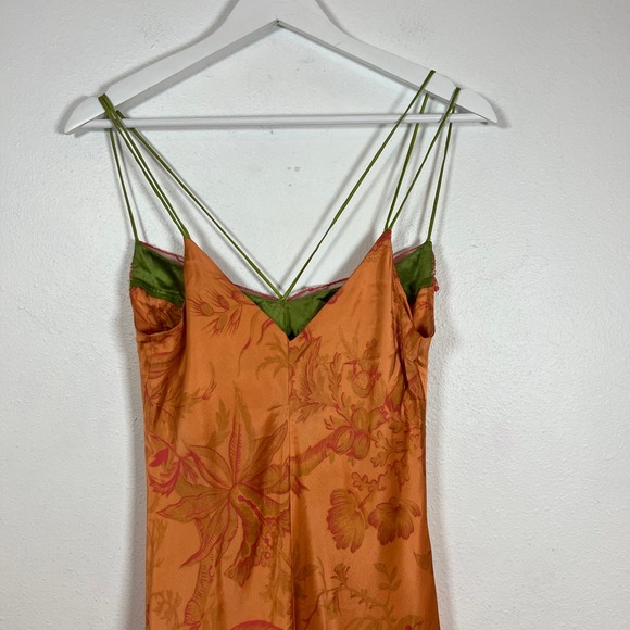 Whimsical 90s Y2K Midi Slip Dress Size M Paisley Satin Sequin Mesh Trim Orange - Picture 10 of 11